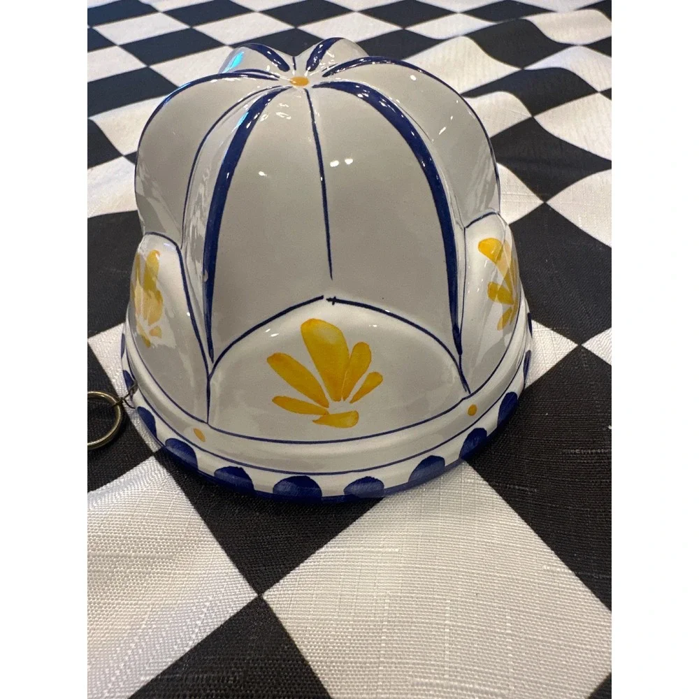 Vintage Ceramic ABC Fluted Cake Mold Dome Pan Blue Yellow Floral Kitchenware 4